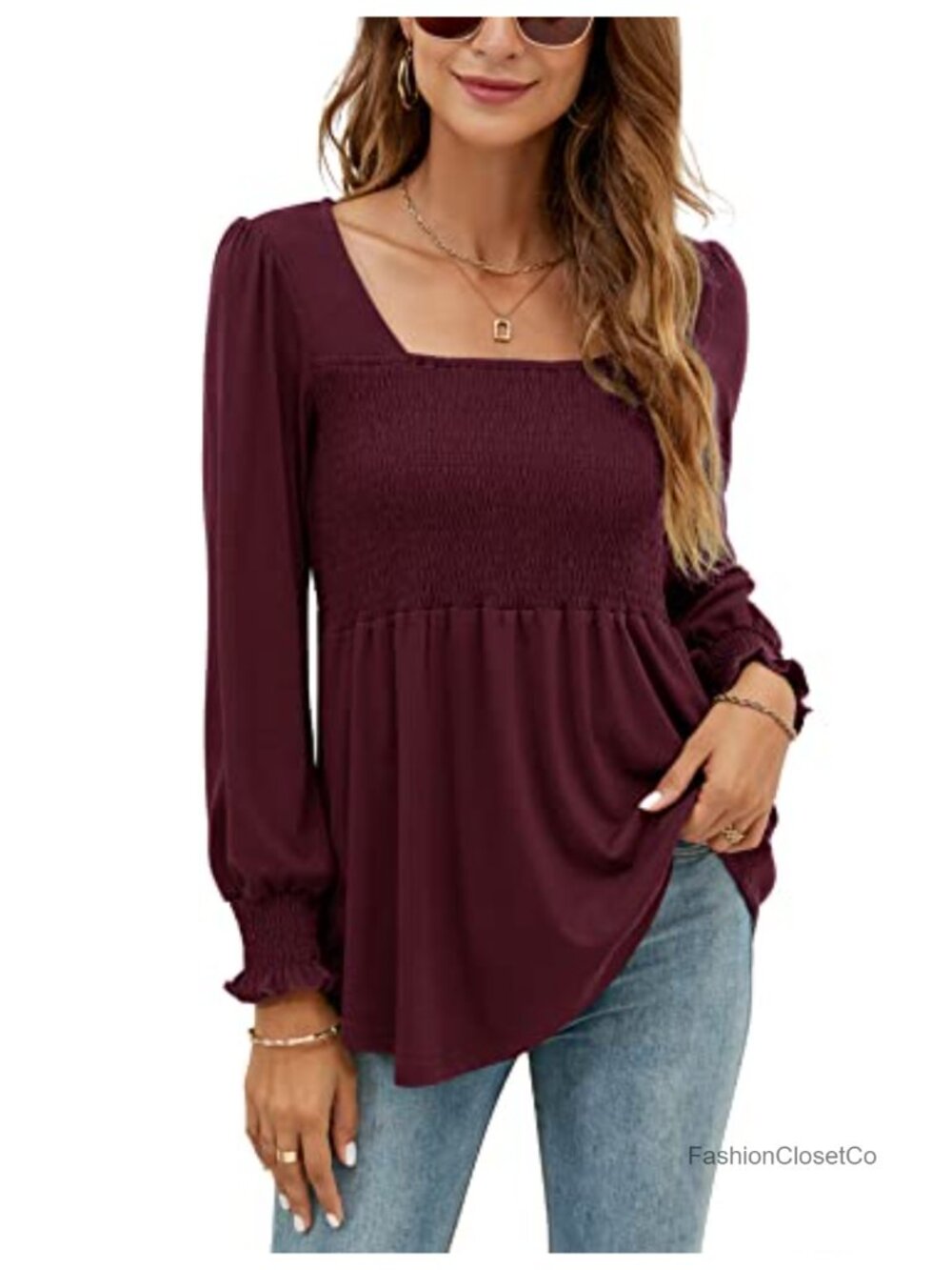 LOMON Women's Puff Long Sleeve Square Neck Smocked Tunic Top